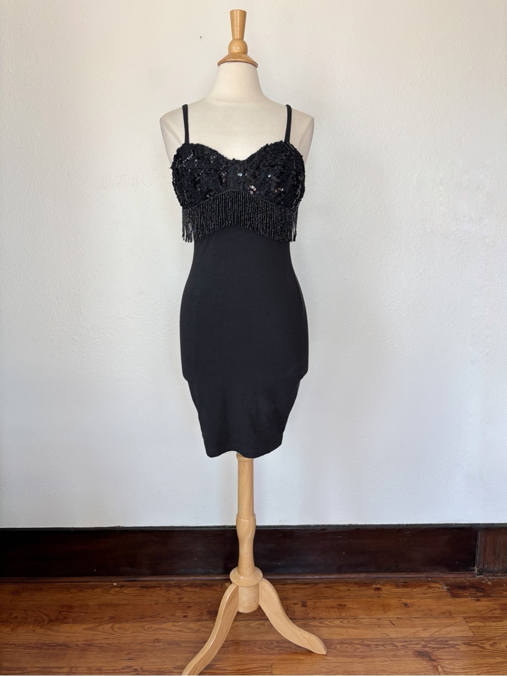 Vintage Black Beaded Fringe Mini Bodycon Dress
